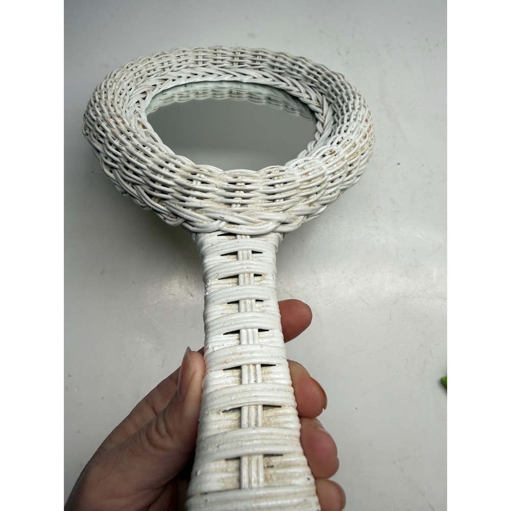 Vintage White Wicker Hand Mirror Woven Rattan Paddle Vanity Mirror Cottagecore - Picture 9 of 10